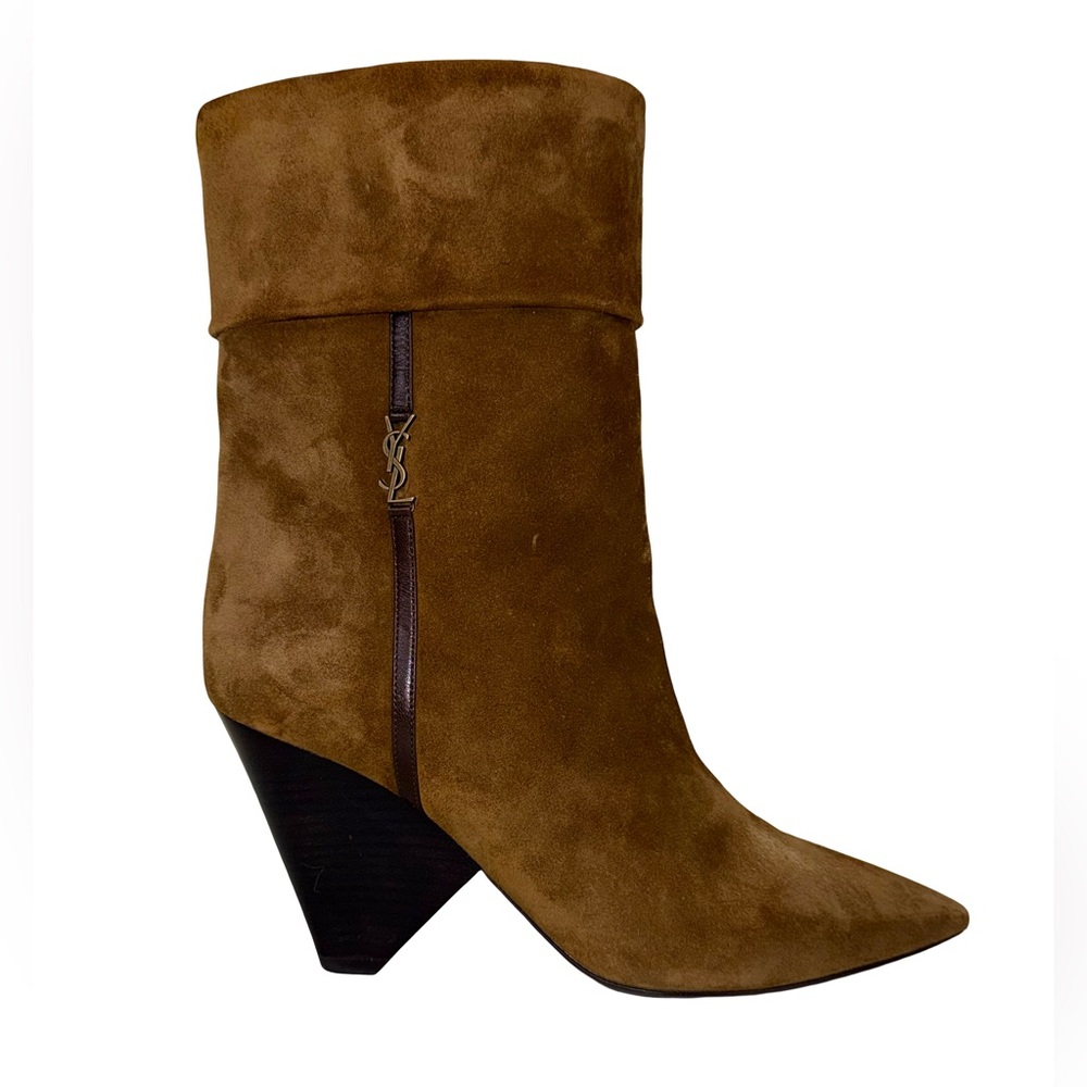 SAINT LAURENT “NIKI” HEELED ANKLE BOOTS IN BROWN SUEDE